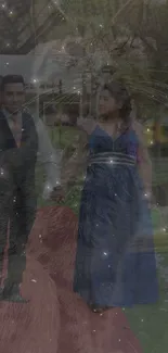 Elegant couple walking through a lush garden at a wedding ceremony.