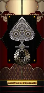 Decorative spade design with gears and lion motif on a dark red background.