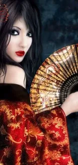 Geisha in a red kimono with a decorative fan.