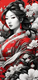 Elegant Japanese geisha art with red, black, and white floral design.