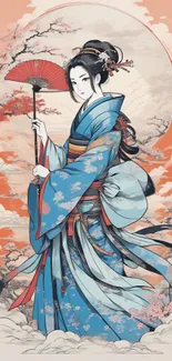 Geisha in blue kimono with red umbrella, surrounded by cherry blossoms.