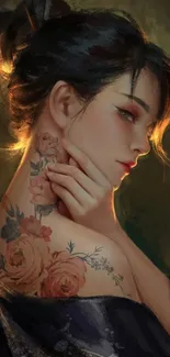 Elegant geisha with floral tattoos in a digital artwork.