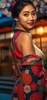 Geisha in floral kimono under evening lights.