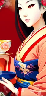 Elegant geisha holding a cup with floral decor and cherry blossoms.