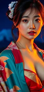 Elegant portrait of a woman in traditional attire with a floral kimono under twilight sky.