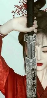 Geisha in red attire holding an ornate sword.