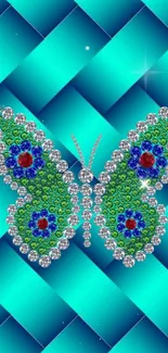 Gem-encrusted butterfly on turquoise background wallpaper.