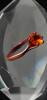 A gemstone ring displayed within a crystal-like structure.