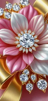 Gem-studded floral design wallpaper with gold accents.