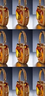 Luxurious gold handbag with gemstone accents in a stylish pattern.