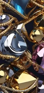 Abstract art wallpaper with gold and colorful gemstones.