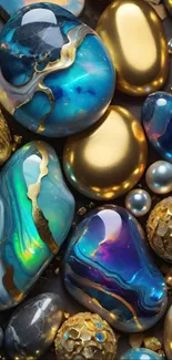 Elegant mobile wallpaper featuring blue and gold gemstones.
