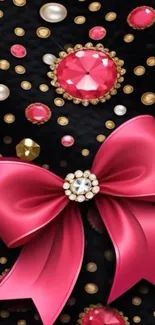 Mobile wallpaper with a pink bow and gemstones on black background
