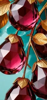 Elegant wallpaper with red gemstones and golden leaves.