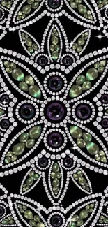 Elegant floral design with gemstones on black background.