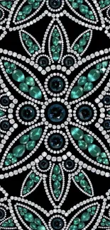 Elegant gemstone floral pattern in teal and black background.