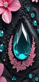 Gemstone and floral art with pink flowers and teal gem.