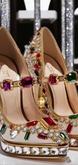 Luxurious gemstone high heels with ornate design.