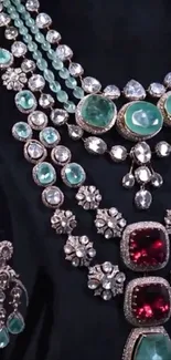 Elegant gemstone jewelry with emeralds and diamonds on black background.