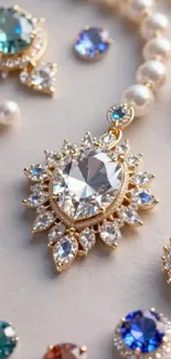Elegant arrangement of colorful gemstones and pearls on display.