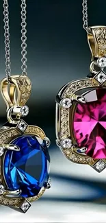 Two ornate gemstone pendants with vibrant colors on display.