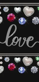 Elegant mobile wallpaper with gemstones, hearts, and 'love' text on black background.