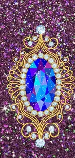 Mobile wallpaper with gemstone and gold on a purple sparkling background.