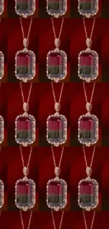 Luxurious red gemstone necklace pattern on a vibrant background.