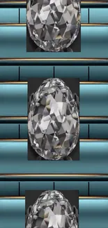 Faceted gemstone on a teal patterned background.