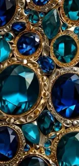 Intricate blue gemstones set in detailed golden patterns.