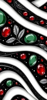 Elegantly designed wallpaper with red and green gemstones on black and white pattern.