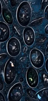 Elegant gemstone pattern with shimmering stones on blue background.