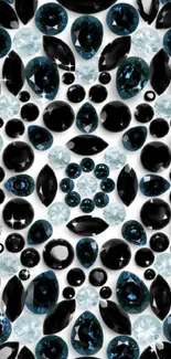 Elegant wallpaper with black and blue gemstones arranged in a pattern.