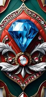 Blue diamond on ornate decorative pattern wallpaper.