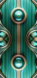 Intricate teal and gold Art Deco wallpaper design.