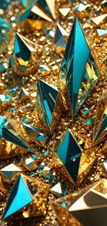 Elegant geometric design with gold and turquoise crystals.
