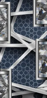 Elegant geometric wallpaper with crystals and metallic design.