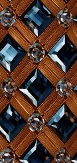 Intricate geometric wallpaper featuring orange and blue elements with a textured pattern.