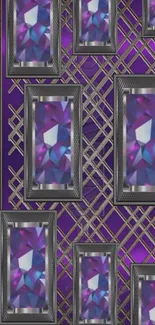 Purple gemstone magazine-style pattern with metallic geometric grid.
