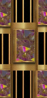 Gold geometric patterned wallpaper with purple accents.