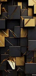 Elegant geometric wallpaper with gold and black cubes.