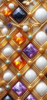 Luxurious geometric wallpaper with jewels and gold accents.