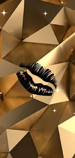 Gold geometric wallpaper with black lips.