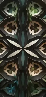 Geometric kaleidoscope design wallpaper in dark colors.