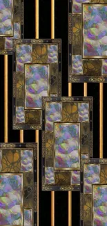 Decorative geometric wallpaper with stained glass effect and gold accents.