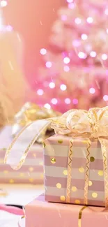 Charming gifts with gold ribbons and pink lights background.