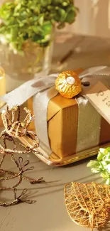 Beautifully wrapped gift with gold accents on elegant table.