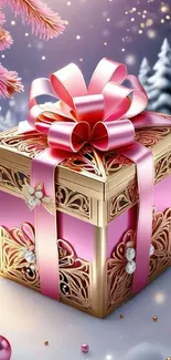 Elegant gift box with pink ribbons in snowy winter scene.