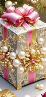 Elegant gift box with pink ribbon and pearls.