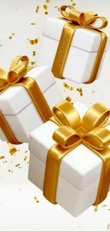 Luxurious white gift boxes with gold ribbons and festive confetti.